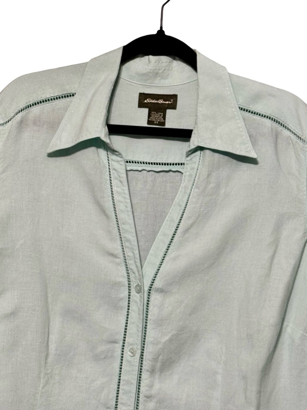 Eddie Bauer 100% Linen Light Blue 3/4 Length Button Front V Neck Collared Blouse - Picture 4 of 11